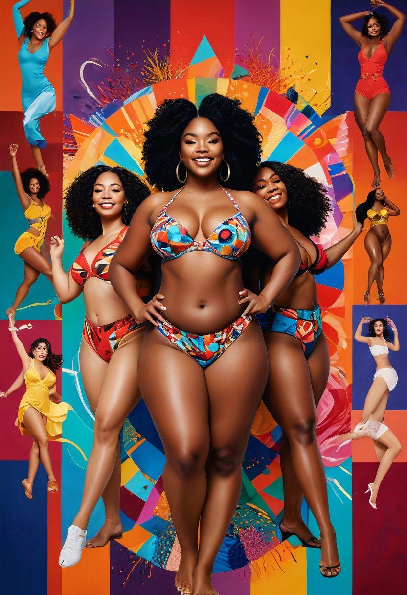 A vibrant and dynamic collage showcasing diverse figures embracing their sensuality, with captivating poses that celebrate body positivity and empowerment. The background features a rich tapestry of colors symbolizing unity and cultural expressions. Integrate elements of the adult entertainment industry subtly, such as film reels and cameras, within a festive atmosphere. Include light bursts and patterns that reflect joy and celebration. vibrant colors. modern abstract art.