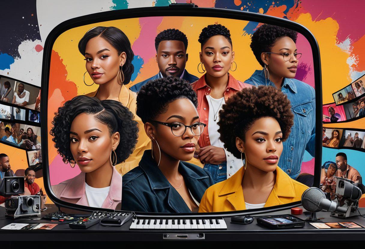 A bold and vibrant collage showcasing diverse Black adults creating content in various entertainment settings, from film sets to online platforms. Include elements symbolizing authenticity, such as a mirror reflecting genuine emotions, and dynamic interactions among creators. The background should feature motifs of modern technology and artistic expression. super-realistic. vibrant colors. 3D.