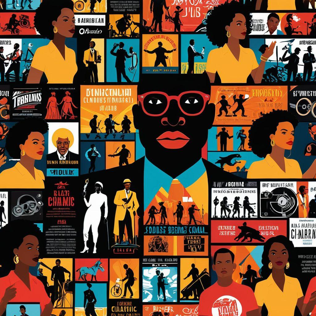 Create a dynamic collage representing the evolution of Black adult cinema, featuring iconic scenes from classic films transitioning into modern representations. Include imagery of diverse actors in empowering poses, surrounded by film reels and vibrant cinema lights. The background should blend historical and contemporary styles, illustrating the journey from stereotypes to standards. Use warm, rich colors to evoke a sense of pride and progress. vibrant colors. vector art. cinematic style.